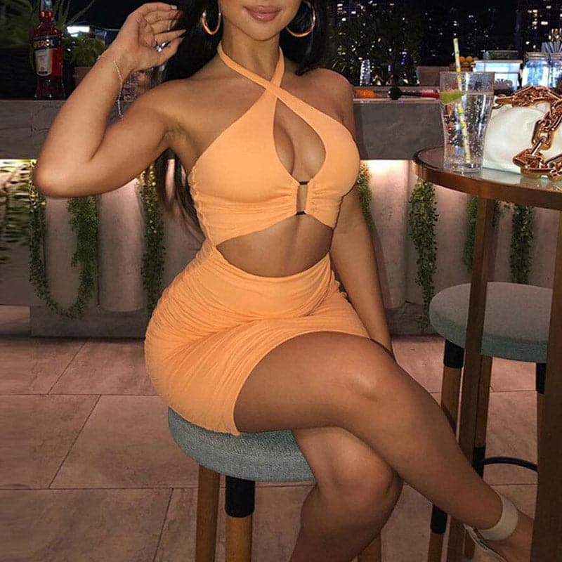 Halter Neck Criss Cross Keyhole Ring Bust Waist Cut Out Ruched Bodycon Mini Dress
