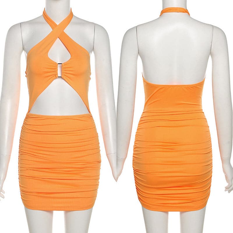 Halter Neck Criss Cross Keyhole Ring Bust Waist Cut Out Ruched Bodycon Mini Dress