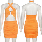 Halter Neck Criss Cross Keyhole Ring Bust Waist Cut Out Ruched Bodycon Mini Dress