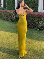 Satin V-Neck Keyhole Cutout Spaghetti Strap Column Maxi Dress