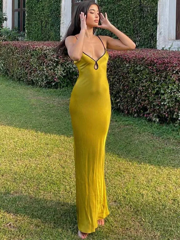 Satin V-Neck Keyhole Cutout Spaghetti Strap Column Maxi Dress