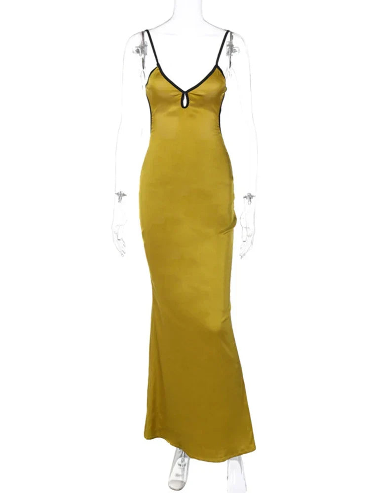Satin V-Neck Keyhole Cutout Spaghetti Strap Column Maxi Dress