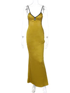 Satin V-Neck Keyhole Cutout Spaghetti Strap Column Maxi Dress