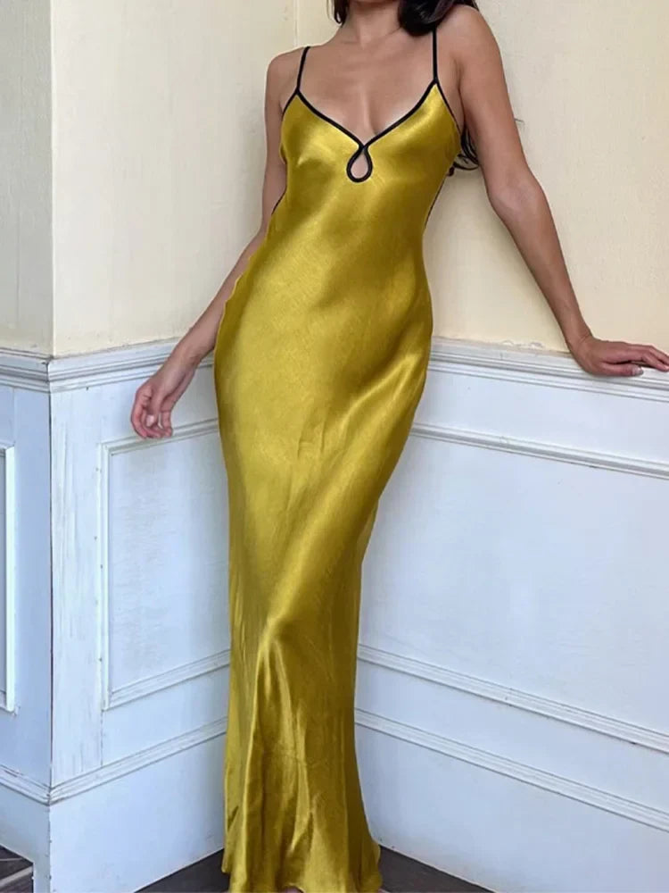 Satin V-Neck Keyhole Cutout Spaghetti Strap Column Maxi Dress