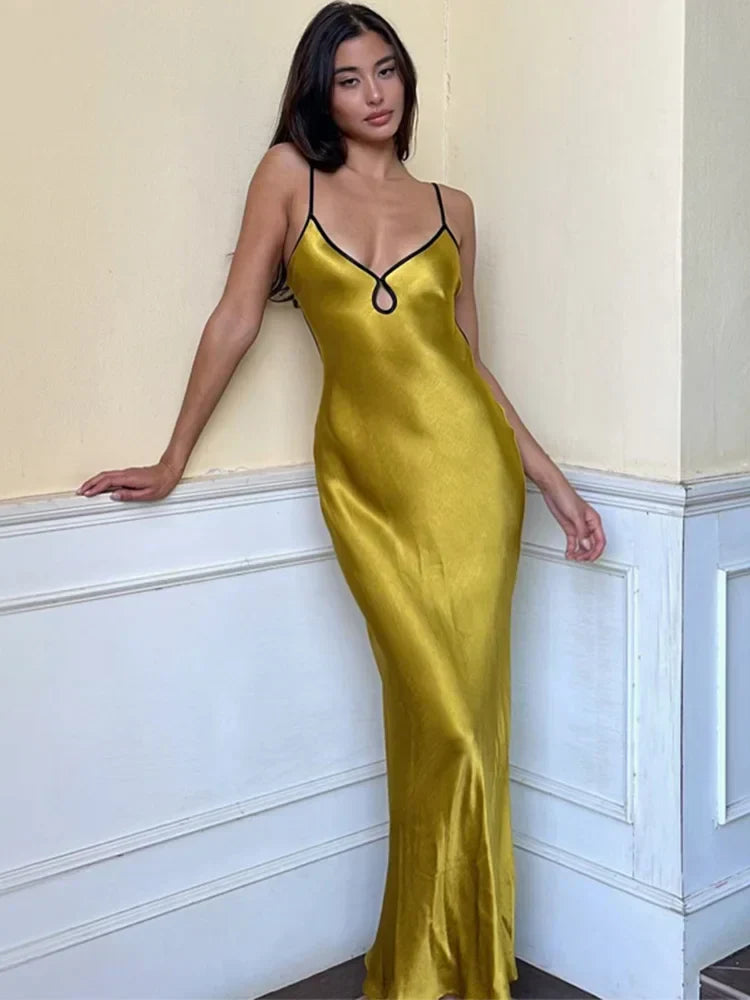 Satin V-Neck Keyhole Cutout Spaghetti Strap Column Maxi Dress