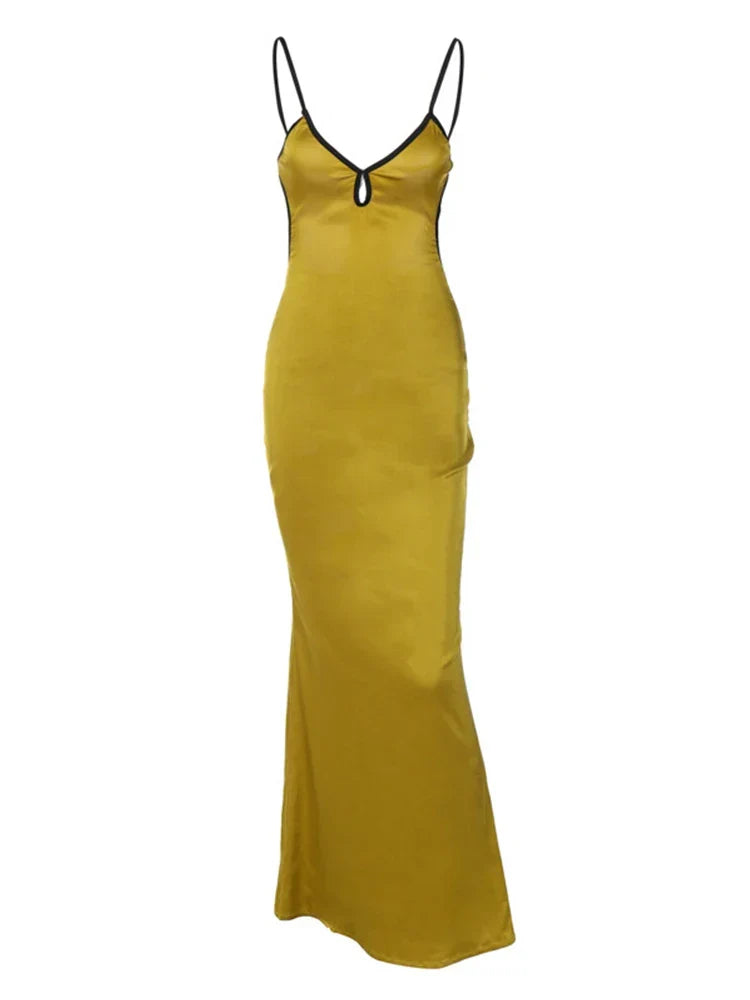Satin V-Neck Keyhole Cutout Spaghetti Strap Column Maxi Dress