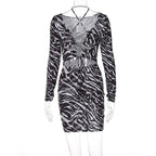 Zebra Print Long Sleeve Halter Cutout Lace-Up Wrap Mini Dress