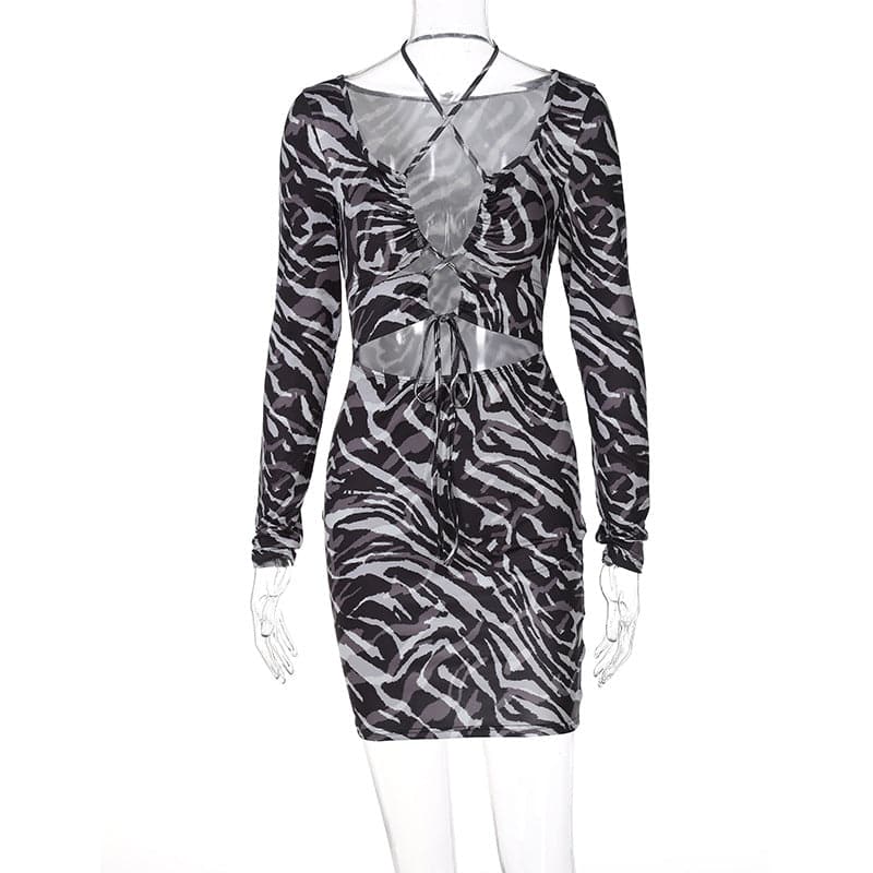 Zebra Print Long Sleeve Halter Cutout Lace-Up Wrap Mini Dress