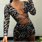 Zebra Print Long Sleeve Halter Cutout Lace-Up Wrap Mini Dress