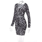 Zebra Print Long Sleeve Halter Cutout Lace-Up Wrap Mini Dress