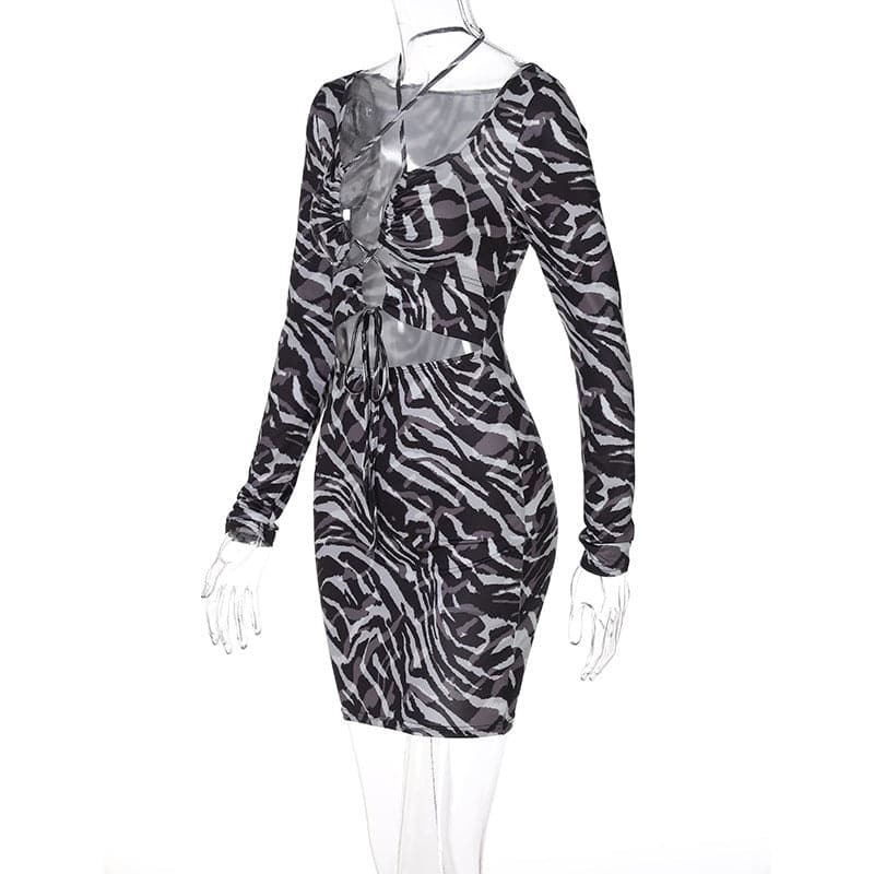 Zebra Print Long Sleeve Halter Cutout Lace-Up Wrap Mini Dress
