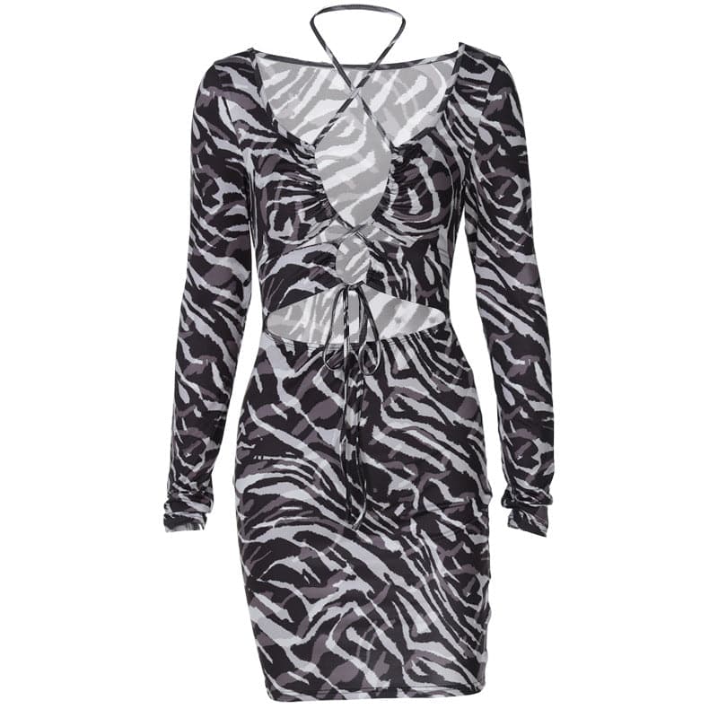 Zebra Print Long Sleeve Halter Cutout Lace-Up Wrap Mini Dress