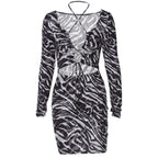 Zebra Print Long Sleeve Halter Cutout Lace-Up Wrap Mini Dress