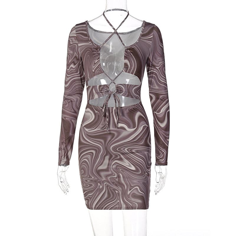 Zebra Print Long Sleeve Halter Cutout Lace-Up Wrap Mini Dress