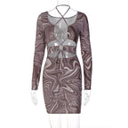 Zebra Print Long Sleeve Halter Cutout Lace-Up Wrap Mini Dress