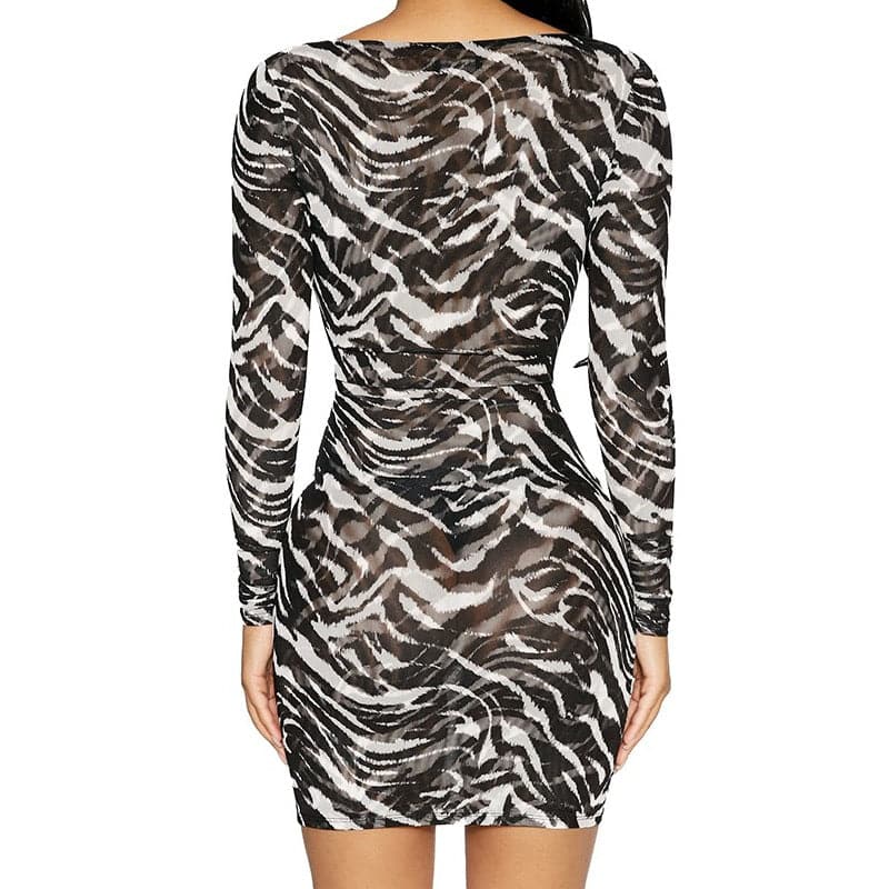 Zebra Print Long Sleeve Halter Cutout Lace-Up Wrap Mini Dress