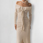 Slim Fit Ruffled Dress High Sense Khaki off Neck Tube Top Split Fishtail