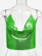 Sexy Straps Halter Metal Tops Sequin Clubwear Tops Sliver Sleeveless Spaghetti Straps Cami Draped Crop For Women
