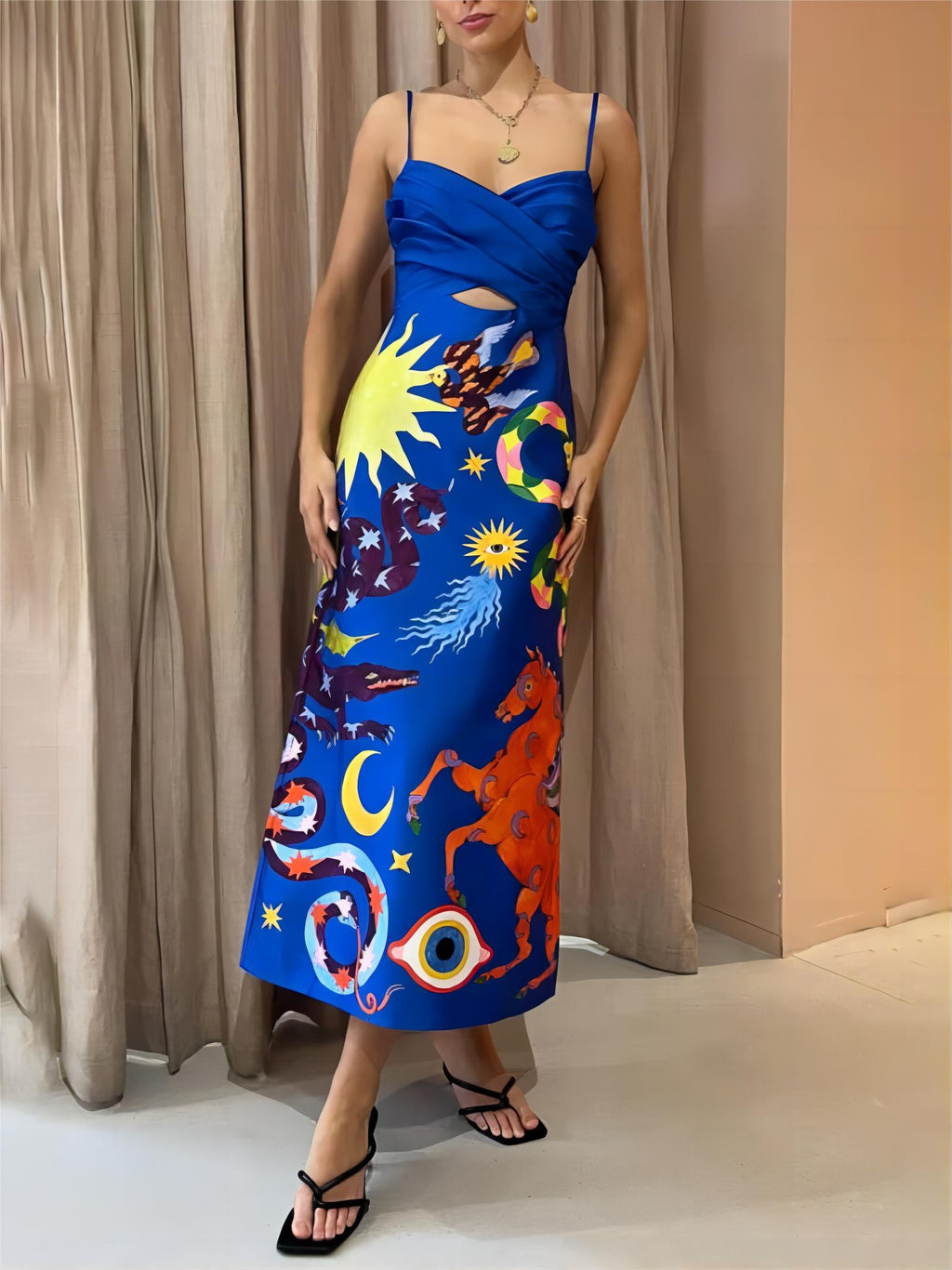 Satin Celestial Print Sweetheart Spaghetti Strap Wrap Cut Out Midi Dress