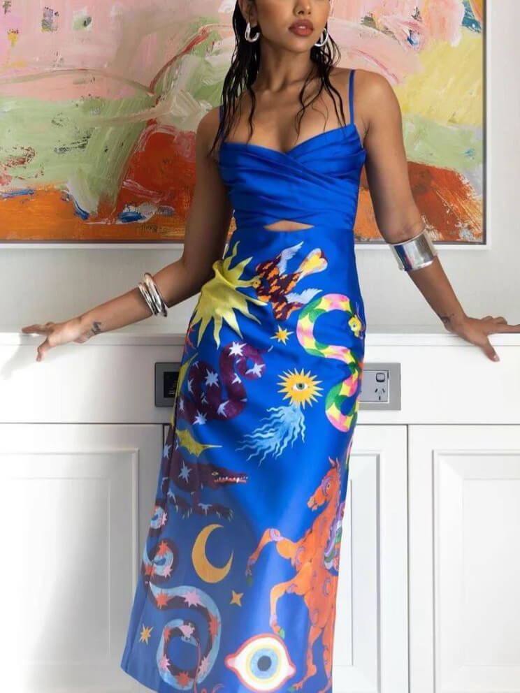 Satin Celestial Print Sweetheart Spaghetti Strap Wrap Cut Out Midi Dress