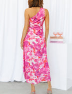 Abstract Floral Print One-Shoulder Twist Waist Wrap Thigh Slit Midi Dress