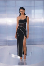 Socialite Dress Black Slim Set Diamond Mesh Boning Corset One Shoulder Split Bandage Dress