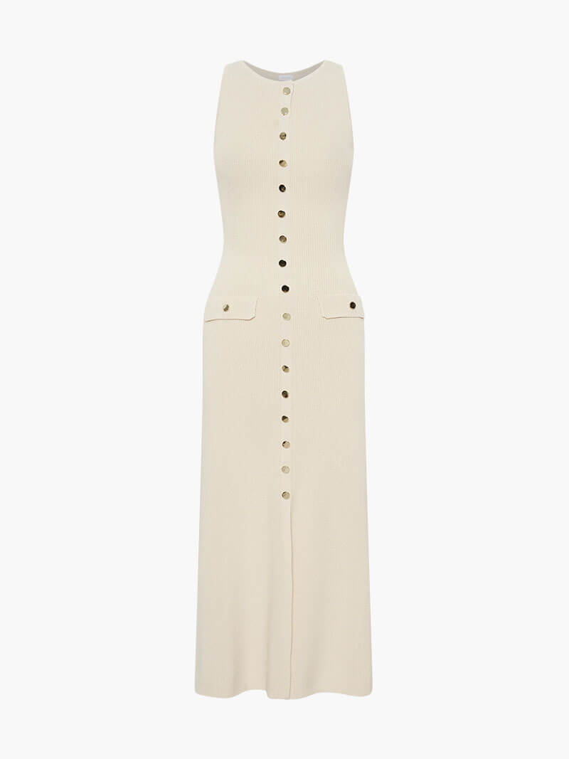 Ribbed Knit Button Front Flap Pocket Sleeveless Maxi Dress