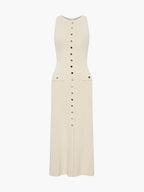 Ribbed Knit Button Front Flap Pocket Sleeveless Maxi Dress