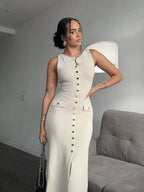 Ribbed Knit Button Front Flap Pocket Sleeveless Maxi Dress