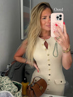 Ribbed Knit Button Front Flap Pocket Sleeveless Maxi Dress