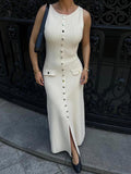 Ribbed Knit Button Front Flap Pocket Sleeveless Maxi Dress