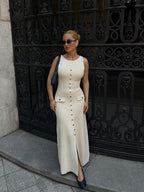 Ribbed Knit Button Front Flap Pocket Sleeveless Maxi Dress