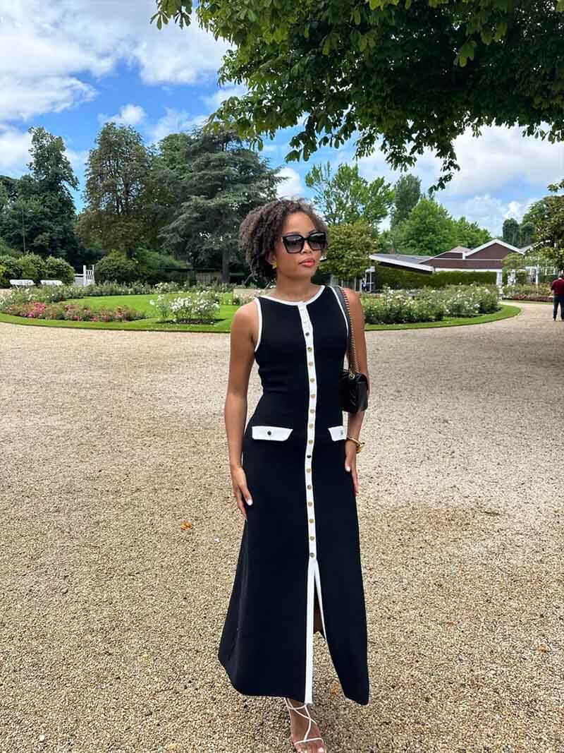 Ribbed Knit Button Front Flap Pocket Sleeveless Maxi Dress