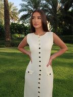 Ribbed Knit Button Front Flap Pocket Sleeveless Maxi Dress