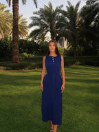 Ribbed Knit Button Front Flap Pocket Sleeveless Maxi Dress
