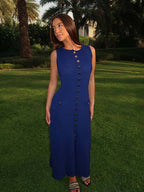 Ribbed Knit Button Front Flap Pocket Sleeveless Maxi Dress