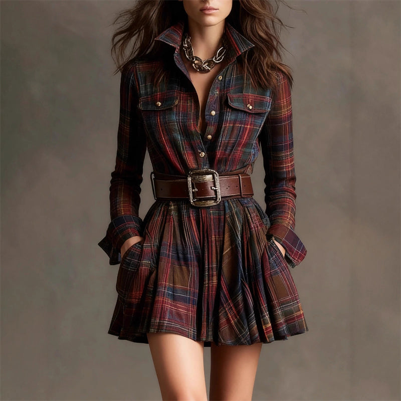 Sofia Amoretti Plaid Mini Shirt Dress with Long Sleeves