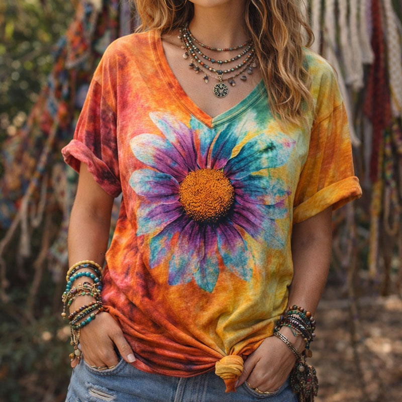 Sofia Amoretti Tie-Dye T-Shirt with Floral Graphic