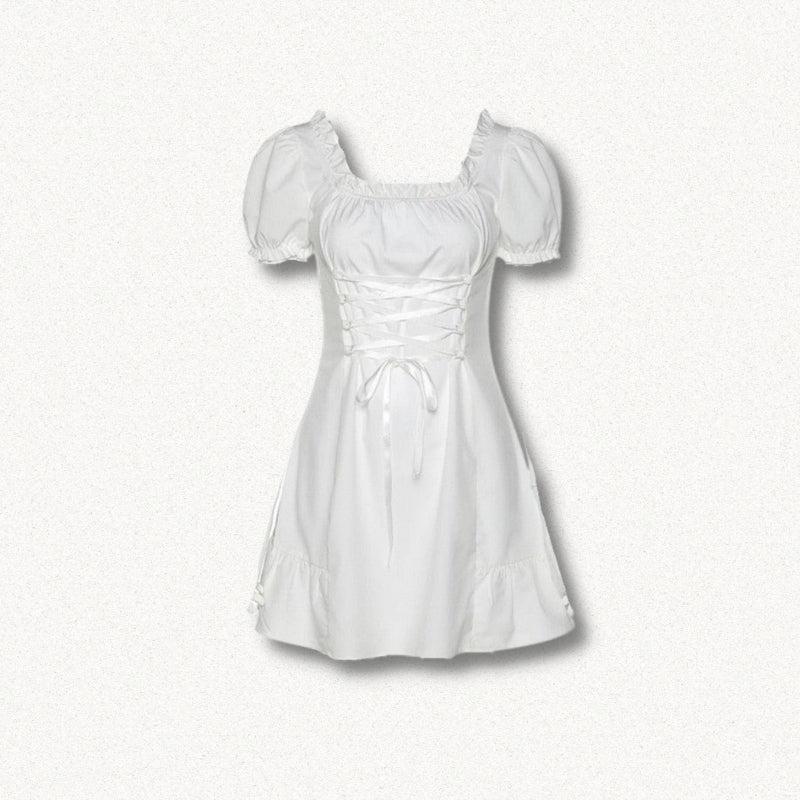 Square Neck Lace Trim Lace Up Corset Puff Sleeve Ruffle Hem Mini Dress