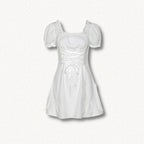Square Neck Lace Trim Lace Up Corset Puff Sleeve Ruffle Hem Mini Dress