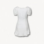 Square Neck Lace Trim Lace Up Corset Puff Sleeve Ruffle Hem Mini Dress