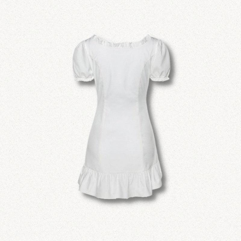 Square Neck Lace Trim Lace Up Corset Puff Sleeve Ruffle Hem Mini Dress