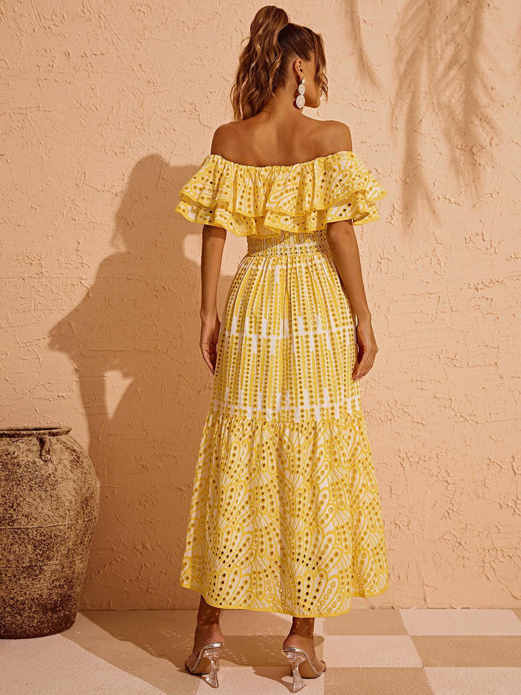 Soleil Off Shoulder Hollow Maxi Dress In Yellow