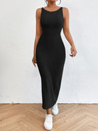 Rib Knit Round Neck Sleeveless Bodycon Maxi Dress