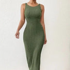 Rib Knit Round Neck Sleeveless Bodycon Maxi Dress