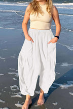 Solid Color Drawstring Pocket Wide Leg Pants