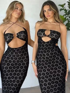Halter Ring Hardware Under Bust Cutout Burnout Floral Flock Bodycon Maxi Dress