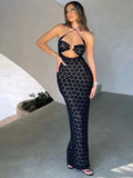 Halter Ring Hardware Under Bust Cutout Burnout Floral Flock Bodycon Maxi Dress