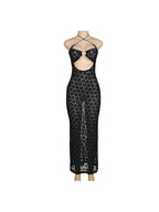 Halter Crisscross Daisy Flock Mesh Midriff Ring Cutout Maxi Dress