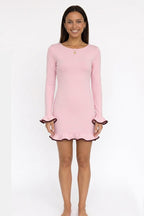Solid Color Long Sleeve Ruffled Bodycon Dress